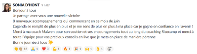 L’agenda se remplit de plus en plus <...> Merci à ma coach Maïwen pour son soutien et ses encouragements <...> merci à toute l’équipe pour vos précieux conseils