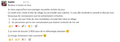 J'ai pu voir que l'info de mon installation circulait bien <...> je viens de boucler 2 RDV pour de la réflexologie plantaire